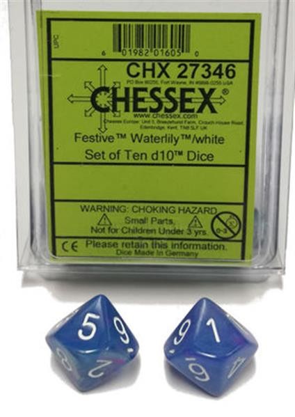 CHESSEX: Festive Waterlily White/White 10x10 sided Diceset