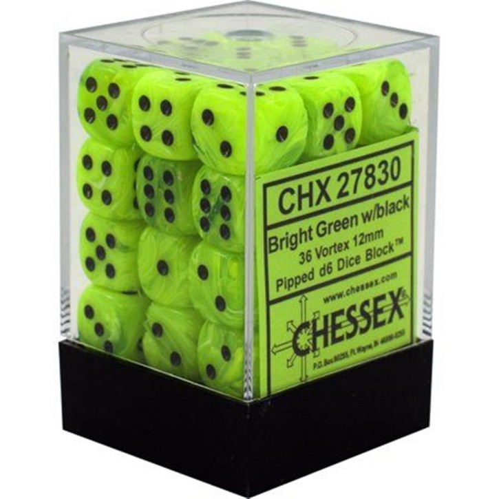 CHESSEX: Vortex Bright Green/Black 36 x 6 sided Diceset