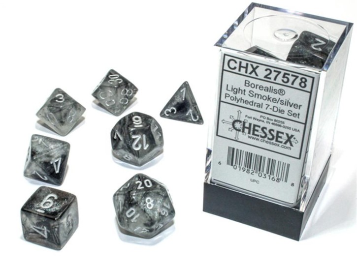 CHESSEX: Borealis Light Smoke/Silver 7-Die RPG Set