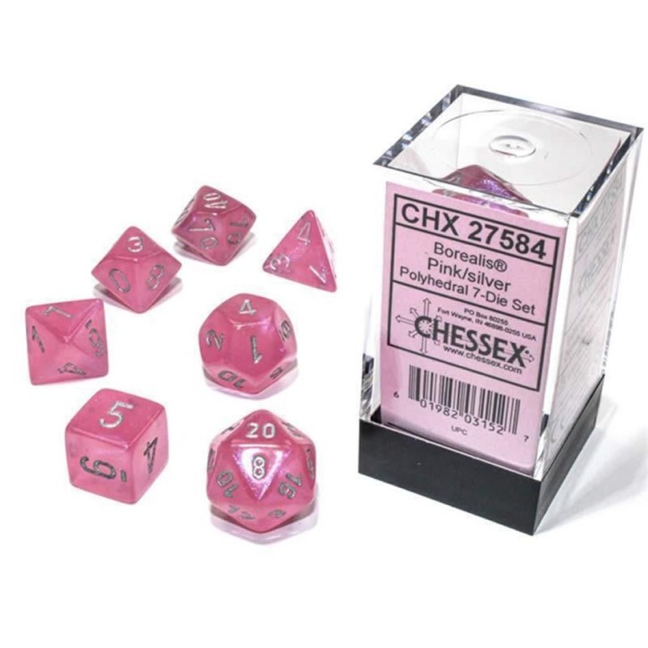 CHESSEX: Borealis Pink/Silber 7-Würfel RPG Set