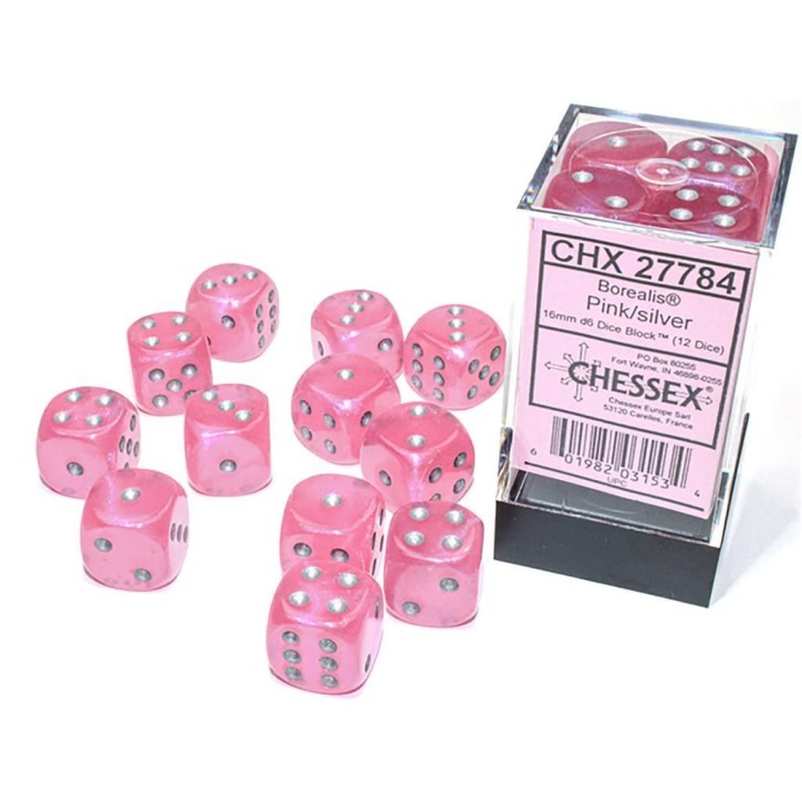 CHESSEX: Borealis Pink/Silber 12 x 6 seitige Würfel