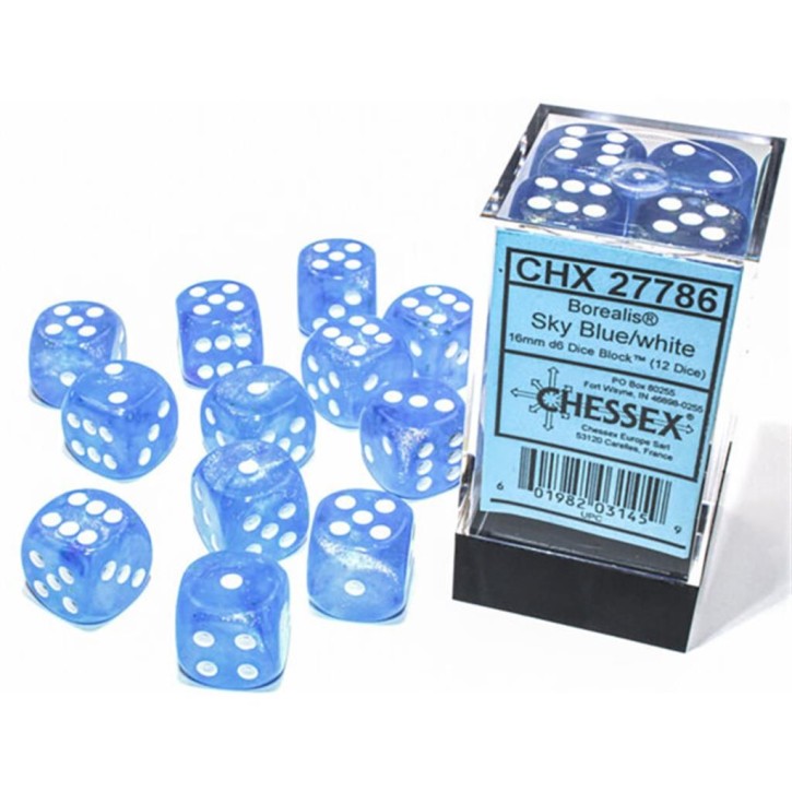 CHESSEX: Borealis Blau/Weiß 12 x 6 seitige Würfel