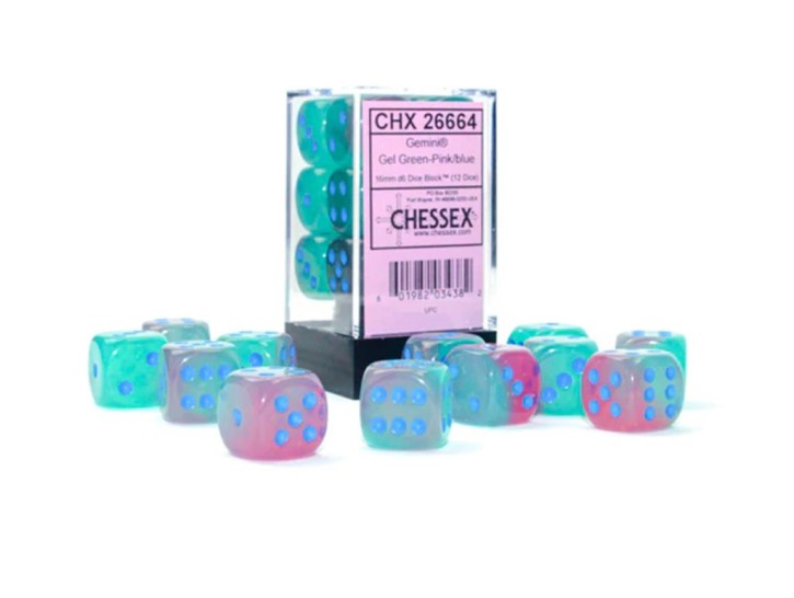CHESSEX: Translucent Gel Grün-Pink/Blau 12x6 seitige Würfel