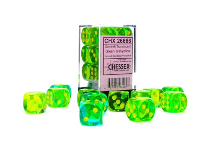 CHESSEX: Translucent Green-Teal/Yellow 12x6 sided Diceset