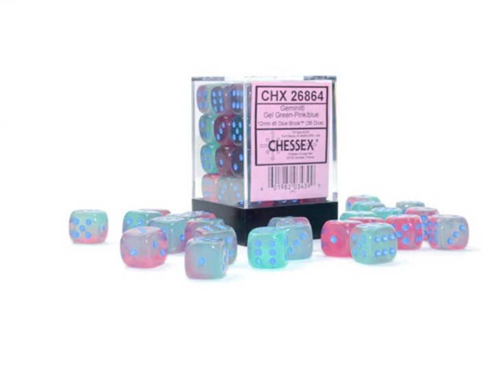 CHESSEX: Translucent Gel Grün-Pink/Blau 36x6 seitige Würfel