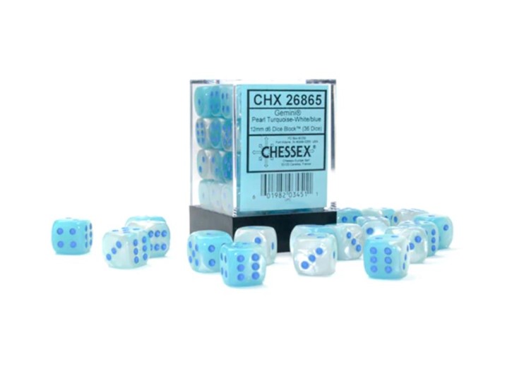 CHESSEX: Translucent Turquoise-White/Blue 36x6 sided Diceset