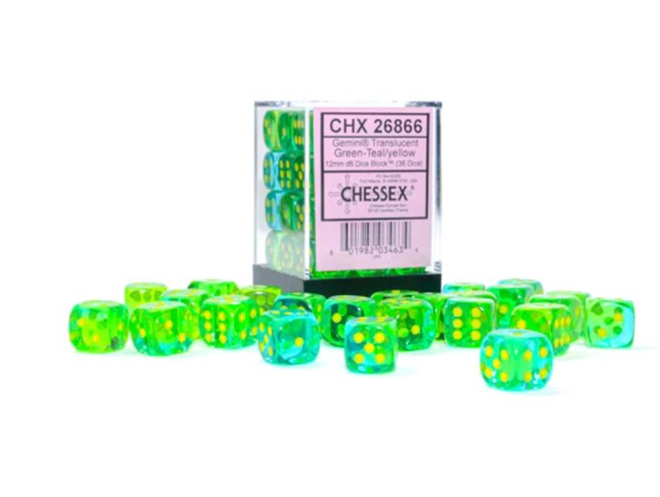 CHESSEX: Translucent Grün-Blaugrün/Gelb 36x6 seitige Würfel
