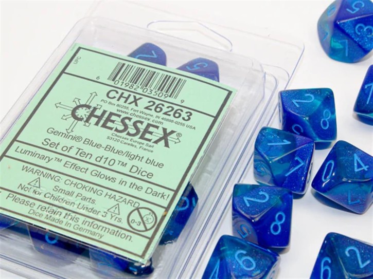 CHESSEX: Translucent Blau-Blau/Hellblau 10x10 seitige Würfel
