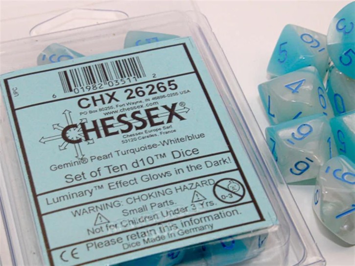 CHESSEX: Translucent Turquoise-White/Blue 10x10 sided Dices