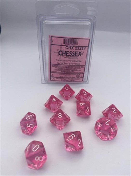 CHESSEX: Translucent Pink/White 10 x 10 sided Diceset