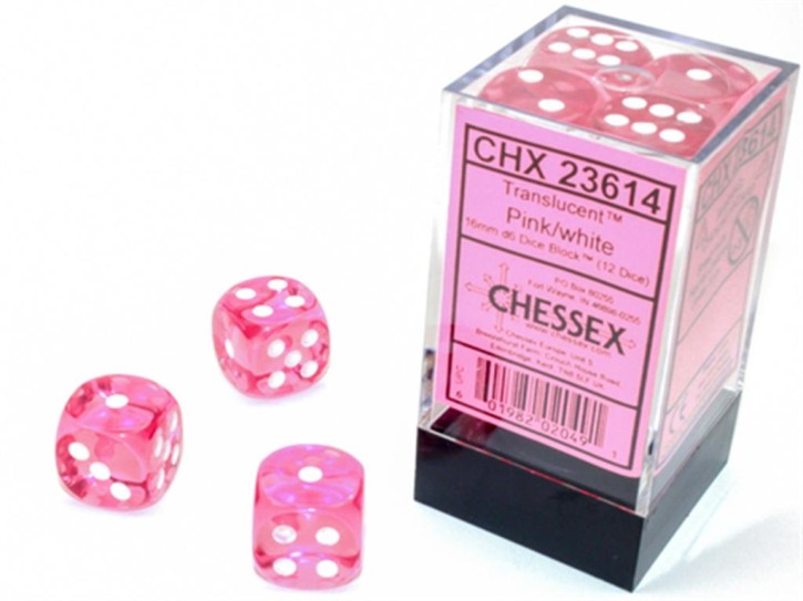 CHESSEX: Translucent Pink/White 12 x 6 sided Diceset