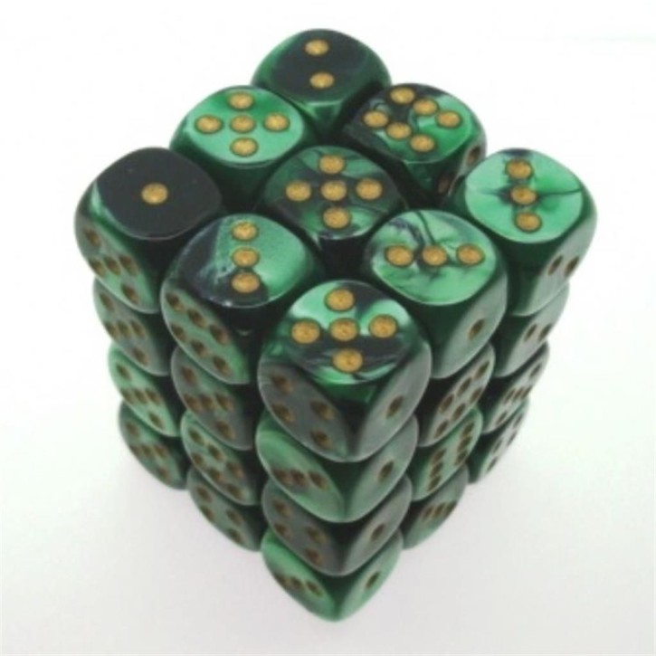 CHESSEX: Gemini Black-Green/Gold 36 x 6 sided Diceset