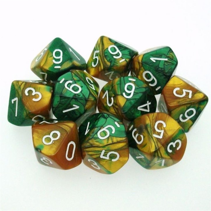 CHESSEX: Gemini Gold-Green/White 10 x 10 sided Diceset