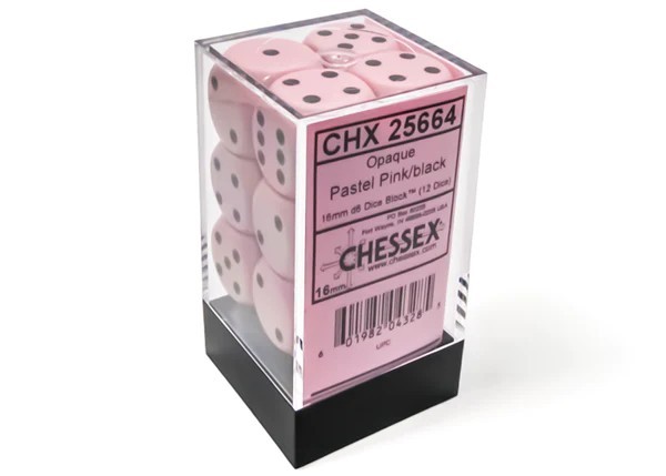 CHESSEX: Opaque Pastel Pink/Black 12 x 6 sided Diceset