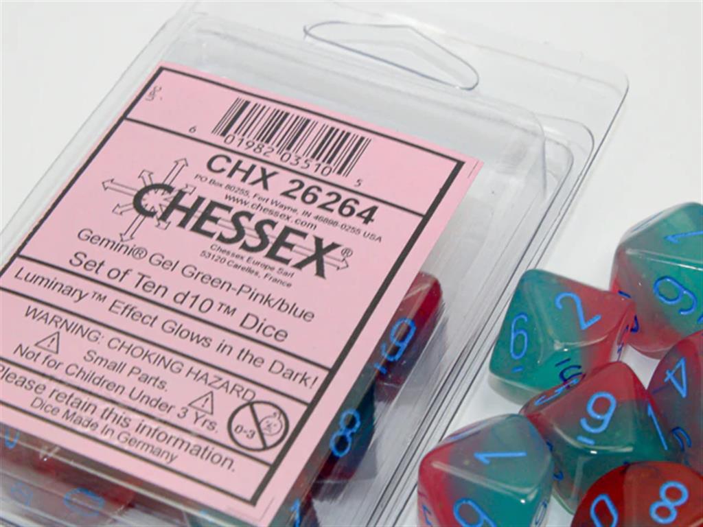 CHESSEX: Translucent Gel Grün-Pink/Blau 10x10 seitige Würfel